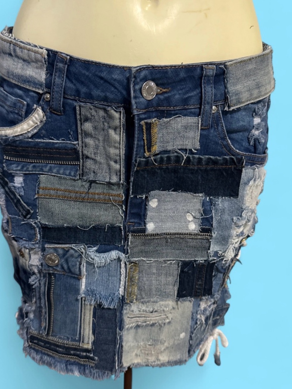 Patchwork Denim Mini Skirt in Mixed Blue Washes